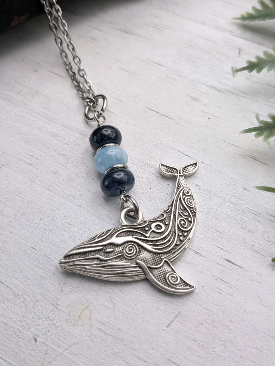 Whale Pendant Necklace With Blue Beads / Marine Life / Nature Jewelry