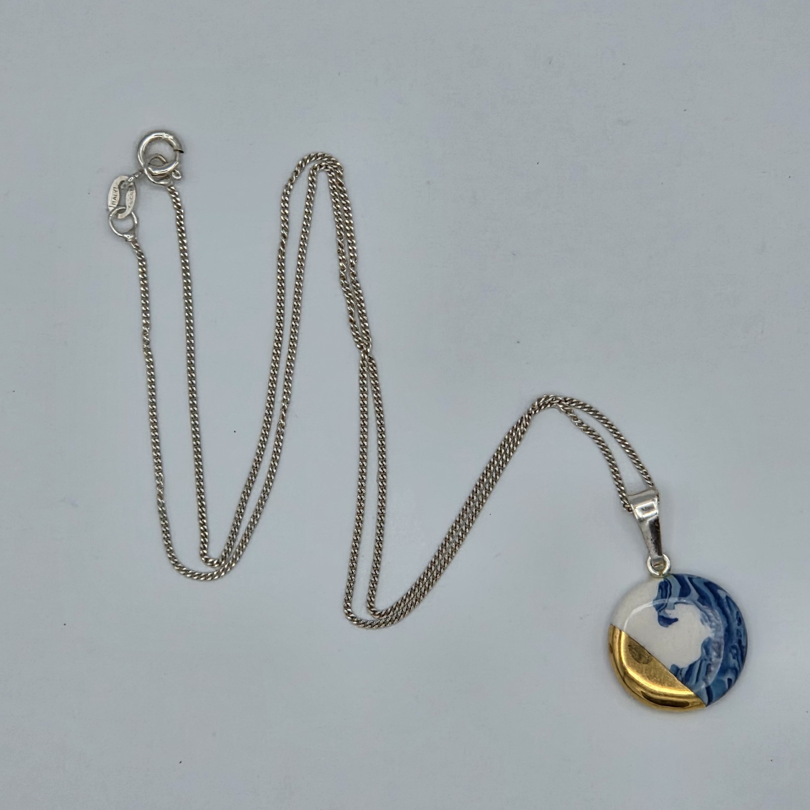 Artisan Porcelain Pendant Blue & White Gold Dip 925 Sterling Bail & 18″ Necklace