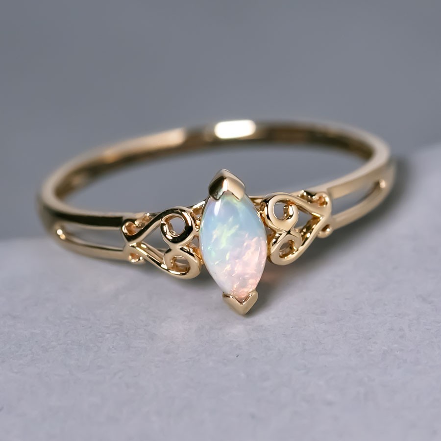 Vintage Inspired Australian Solid Opal Engagement Wedding Ring 14K Yellow Gold