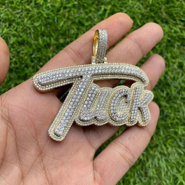 Men’s Customized Round Cut Real Moissanite Name Pendant 14k Yellow Gold Plated