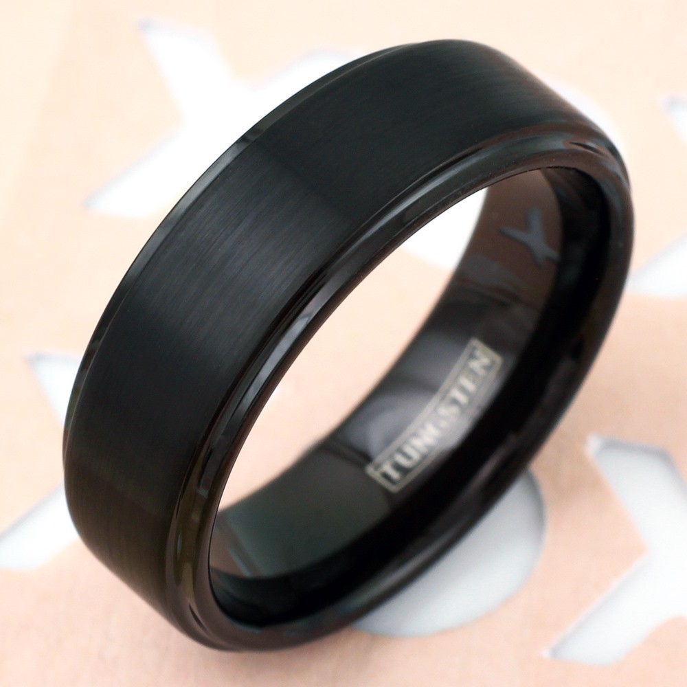 8mm Black Tungsten Brushed Stripe Step Edge Wedding Band Men’s Ring Size 5-15