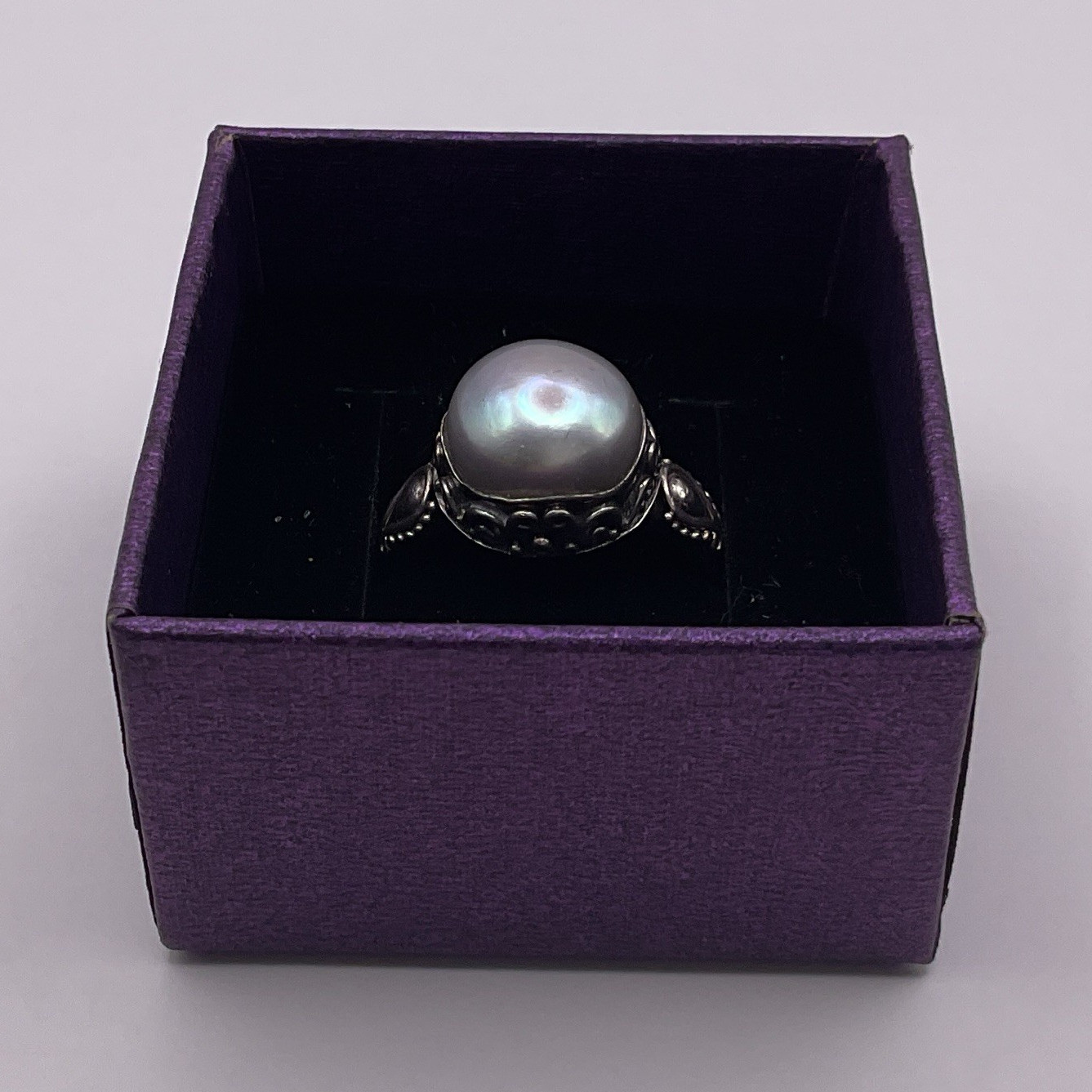 Vintage BA Suarti Bali Sterling Silver 925 Gray Mabe Pearl Ring Size 7.25 Design