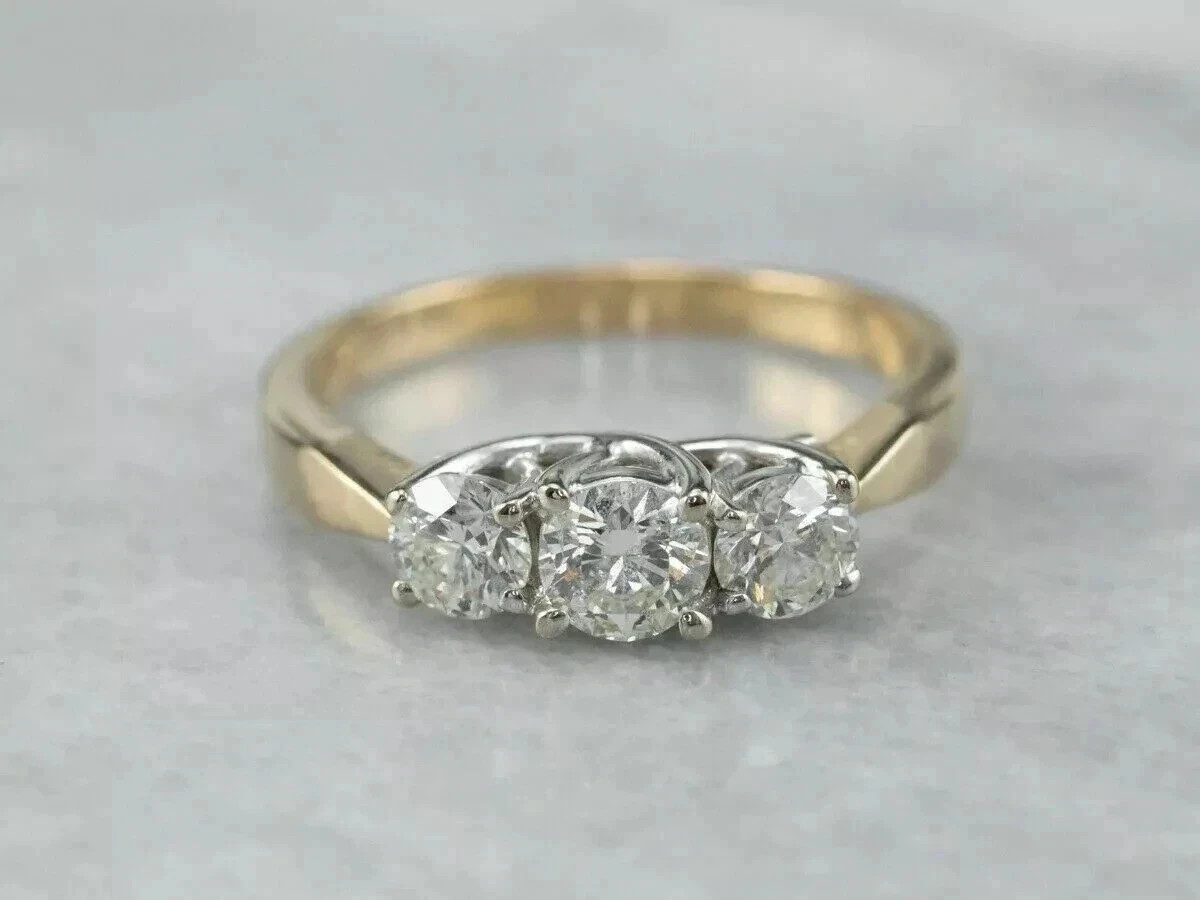 Art Deco Style Lab Created Diamond Three-Stone 14K Yellow Gold FN Wedding Ring