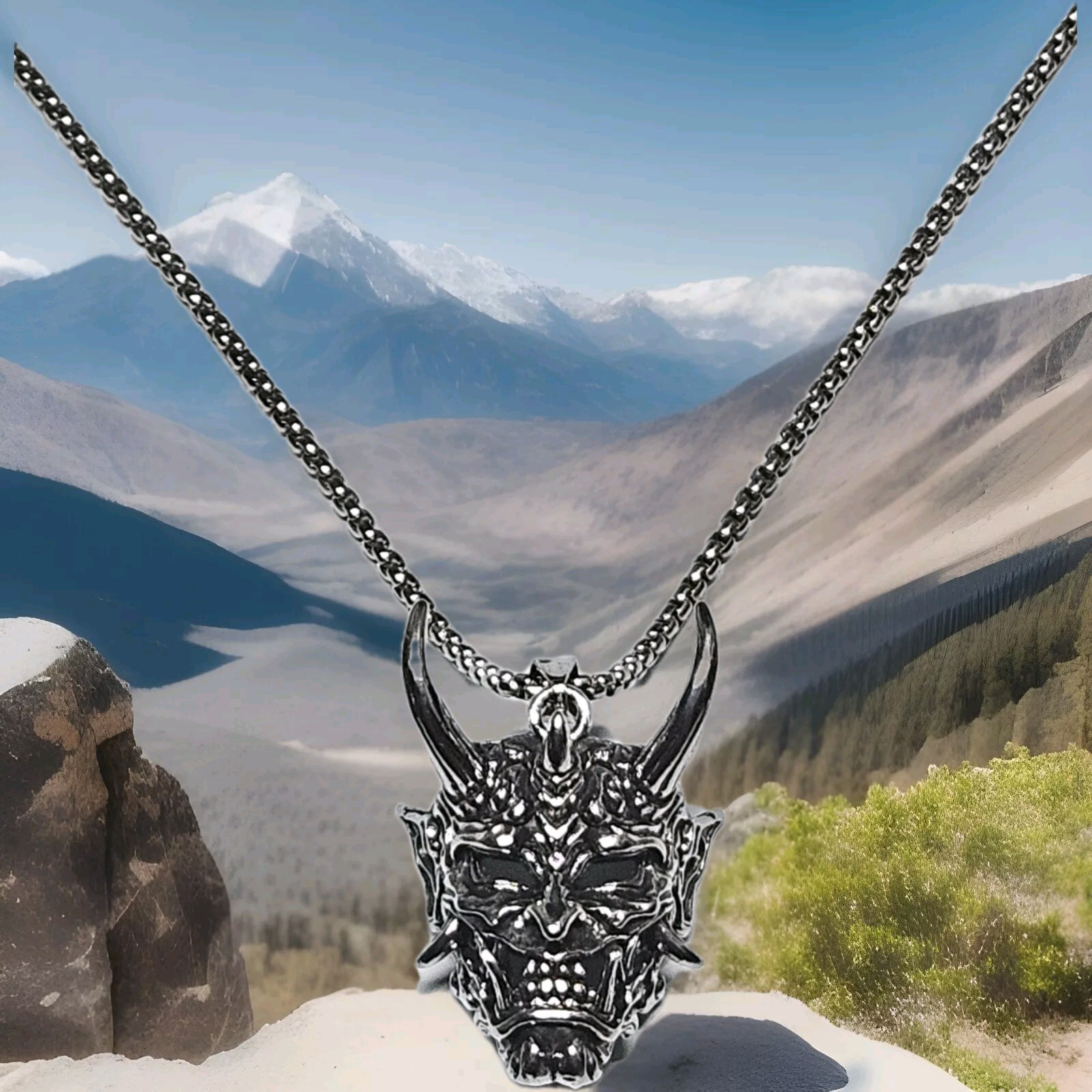 Men’s Stainless Steel Evil Demon Skull Pendant Box Chain Punk Necklace 5-1