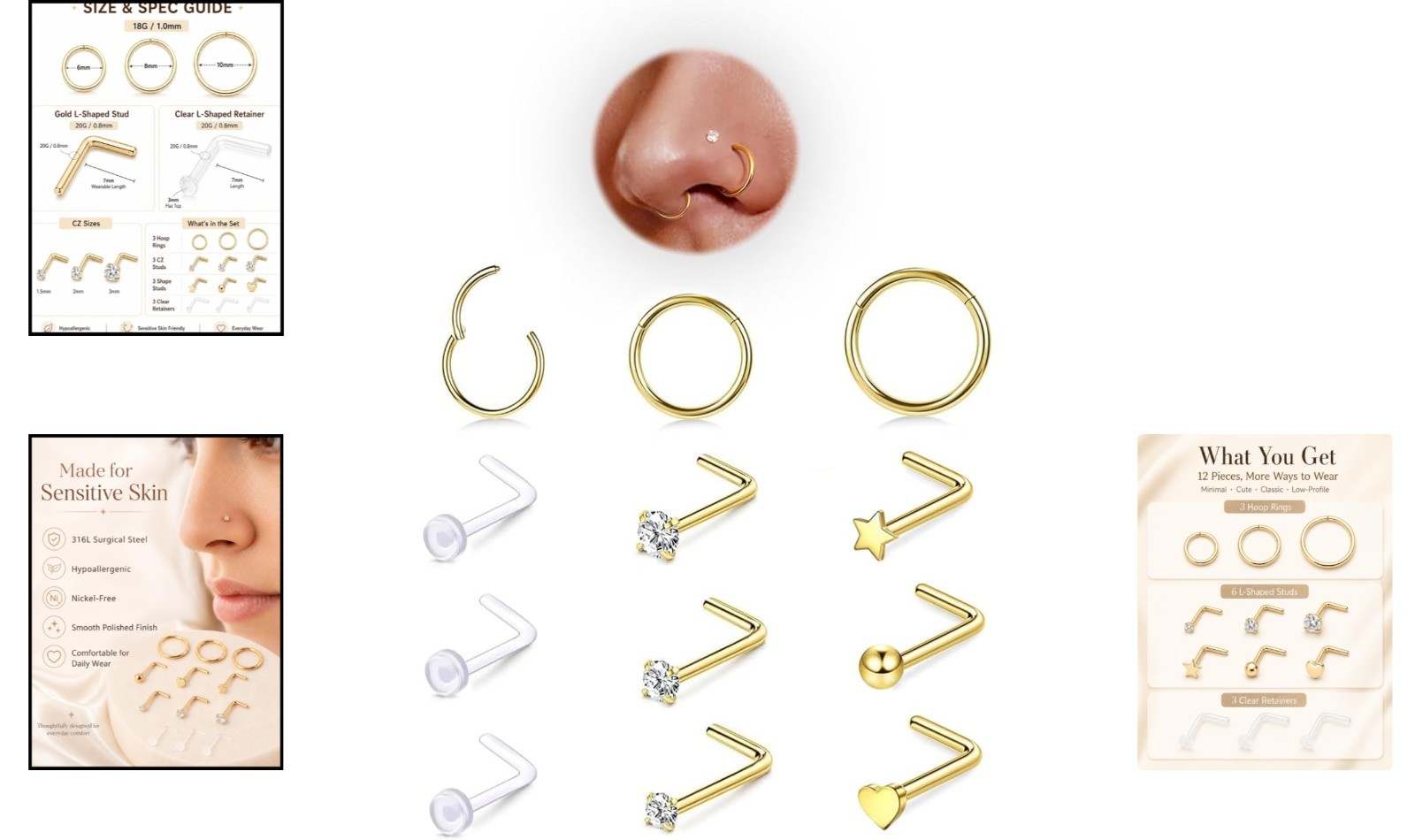 Fashion-Forward 12PC Gold Plated Nose Rings and Studs – Perfect for All Styles