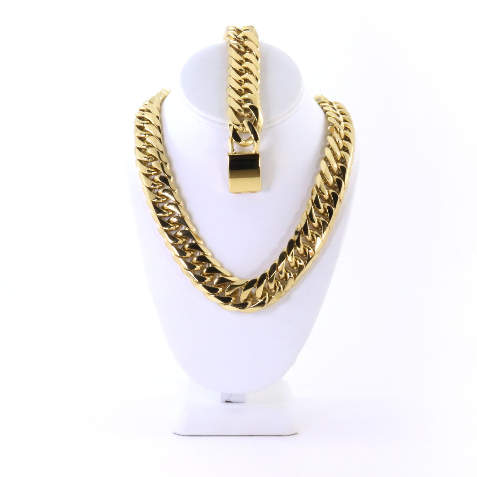 21mm SOLID 14K GOLD FINISH THICK HEAVY MIAMI CUBAN CHAIN & BRACELET 24”