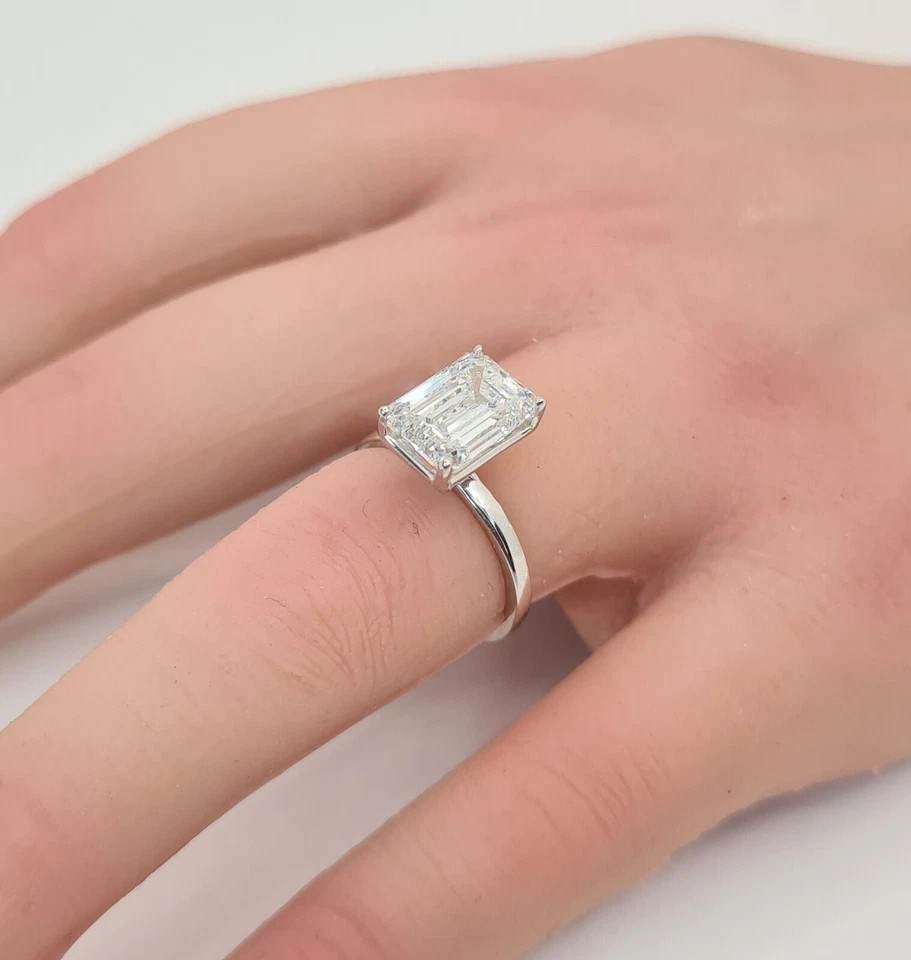 Lab Grown Emerald Cut Diamond Ring 14k White Gold 5 Ct IGI Certified VVS E F
