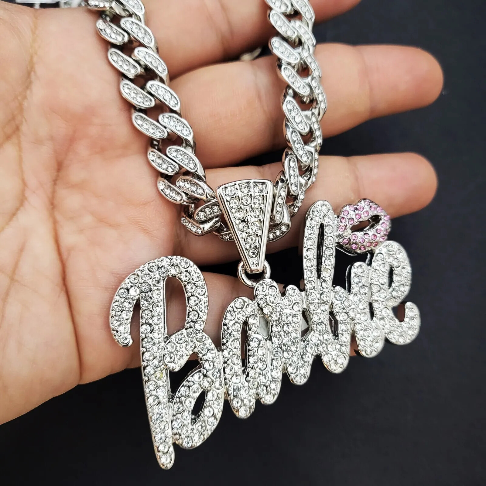 Women Gold Plated Large Barbie Charm & Iced Cubic Zirconia Cuban Chain Necklace