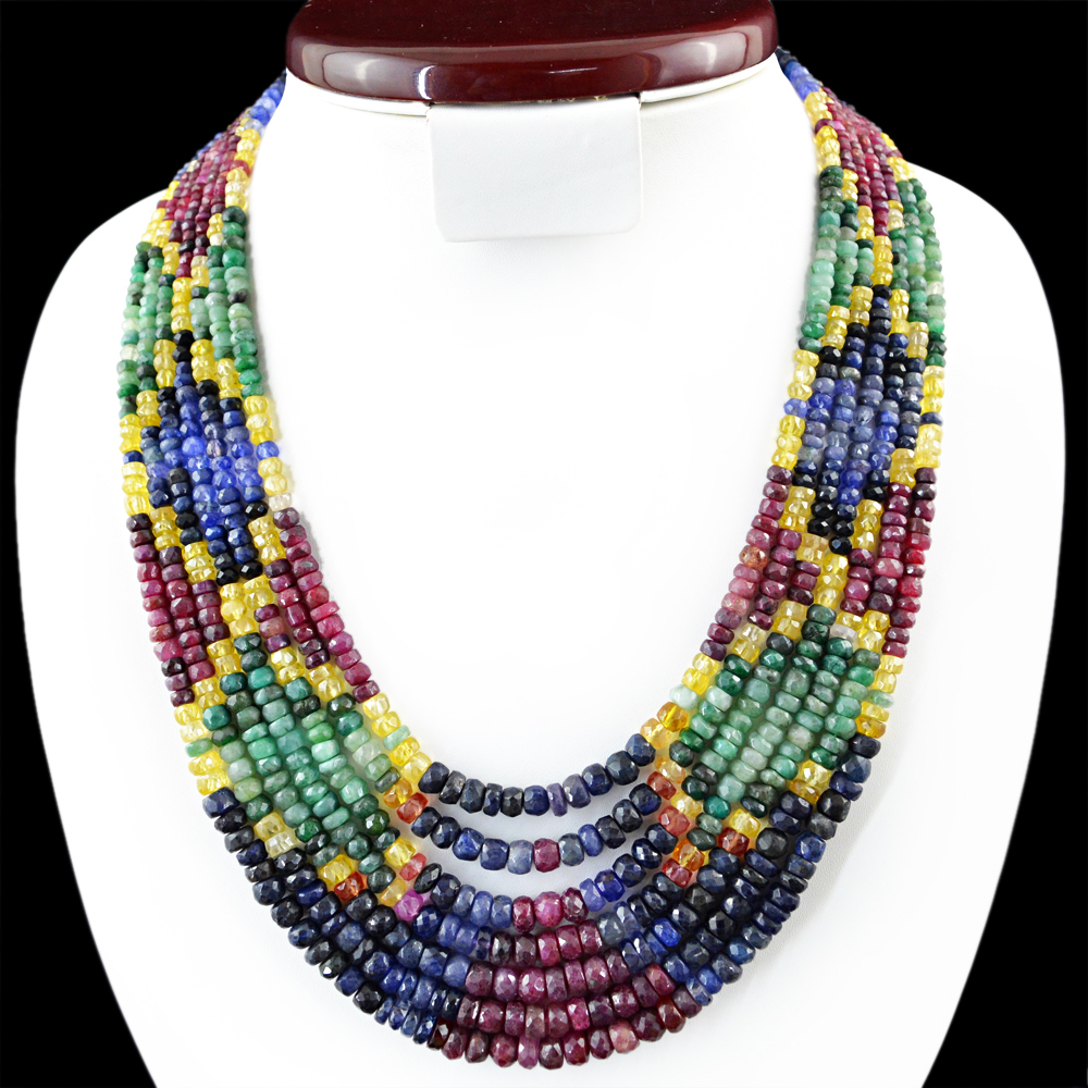 780.00 CTS NATURAL FACETED BLUE SAPPHIRE, RUBY & EMERALD 7 LINE BEADS NECKLACE