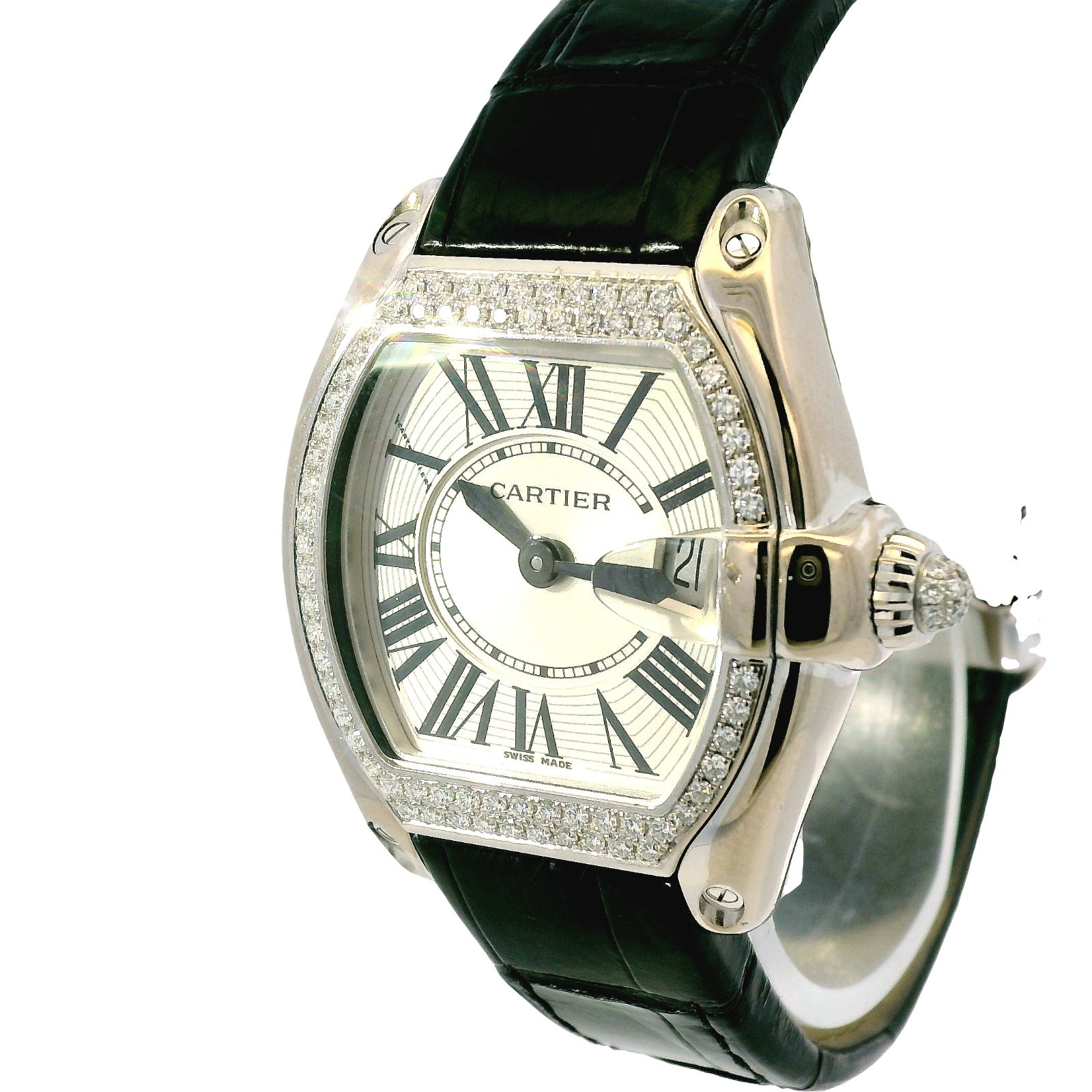 Cartier Roadster 18k White Gold Diamond Black Alligator Skin Watch