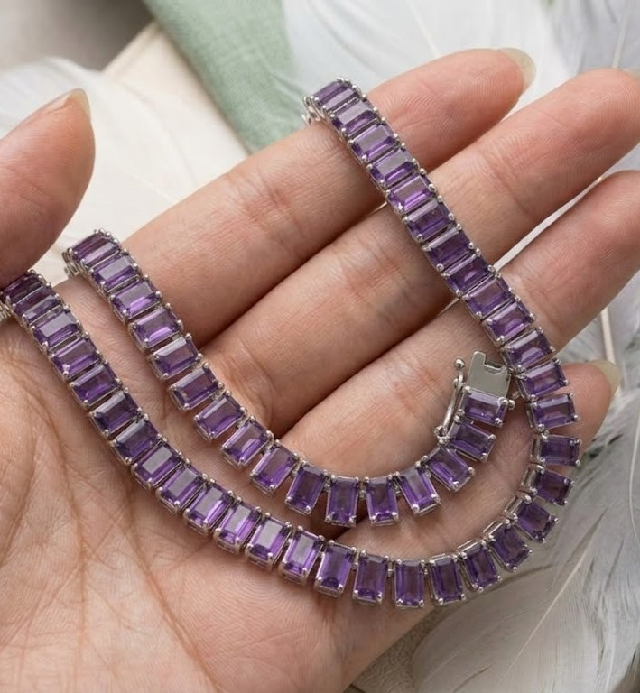 Purple Emerald Cut Tennis Necklace, Amethyst Choker, In 925 Sterling Silver
