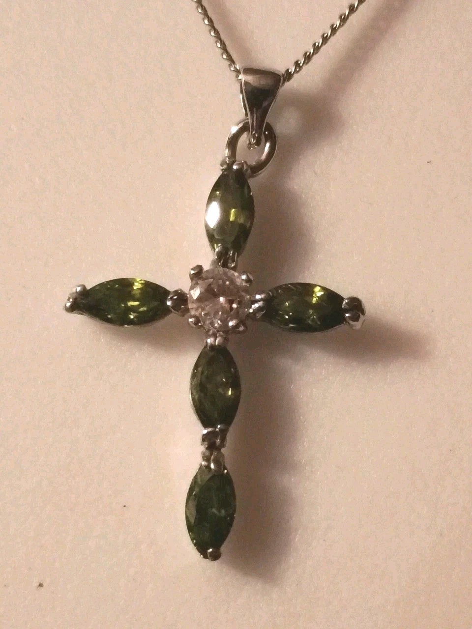 18kGP Green Peridot and Crystal Cross pendant Necklace