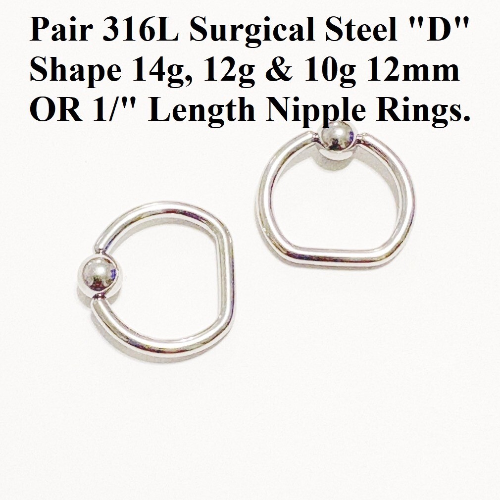 PAIR “D” SHAPE 316L Surgical Steel 14, 12 & 10g 12mm Diameter 5mm Balls.