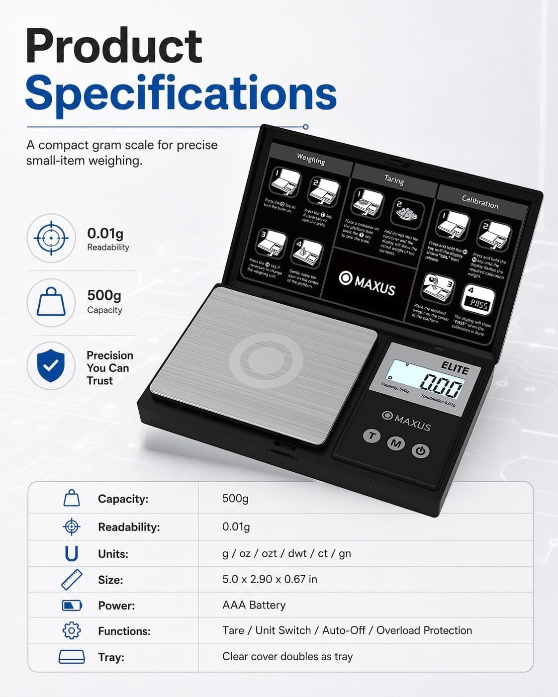 500g Digital Pocket Gram Scale 0.01g Precision with Backlit Tray for Home Use