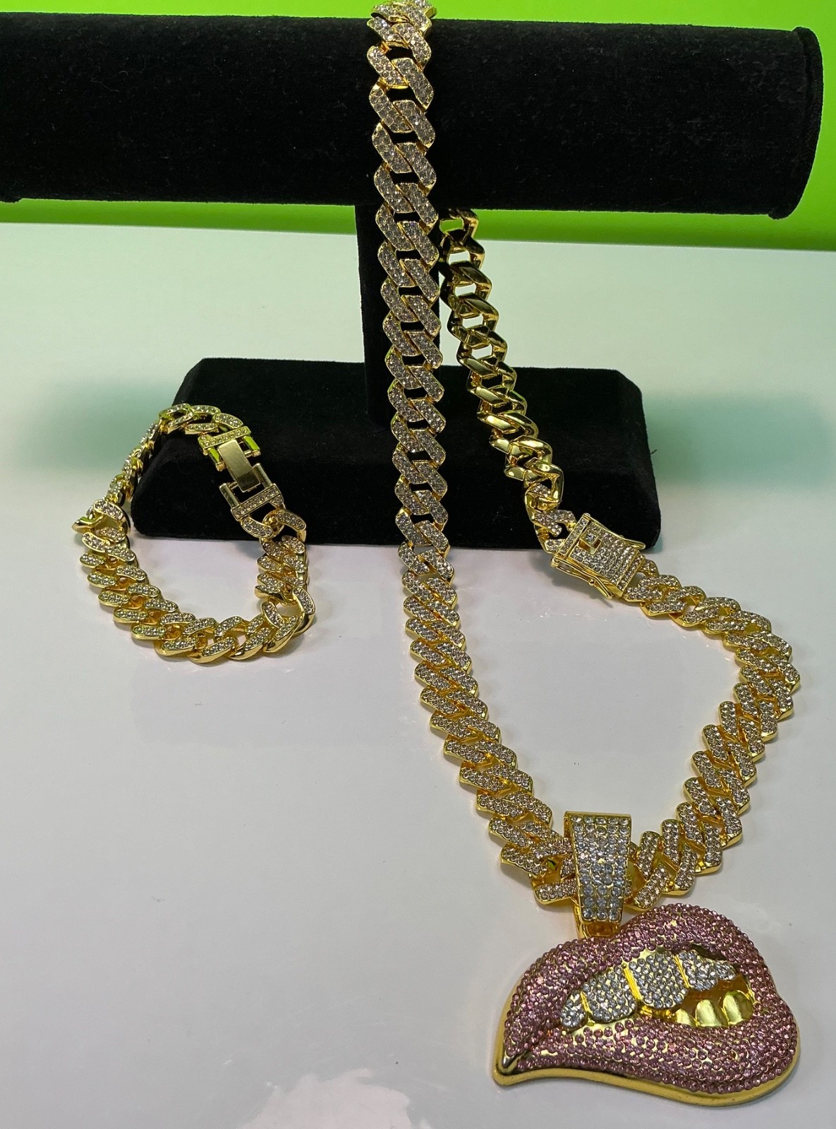 Biting Lip Pendant Necklace Bracelet Lot Hip Hop Iced 20” Inches CZ Chain Cuban