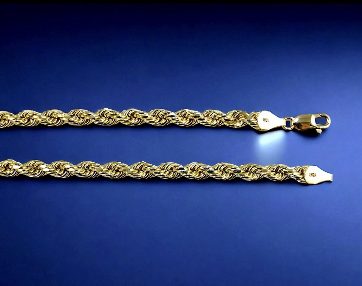 10K Gold Rope Chain Necklace, Lobster Clasp, 22inch 6mm