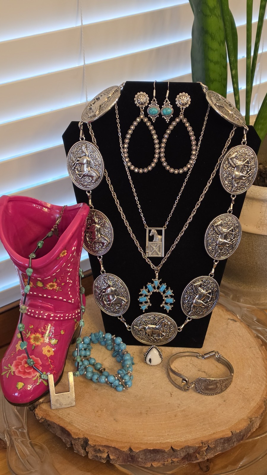 Western Silver-Tone Turquoise Jewelry Set Necklace Earrings Bracelet Ring