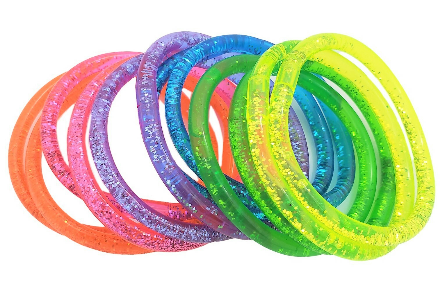 24 Pcs – Liquid Super Glitter Colorful Bracelet ( 6″ ) Bright Neon Colors.