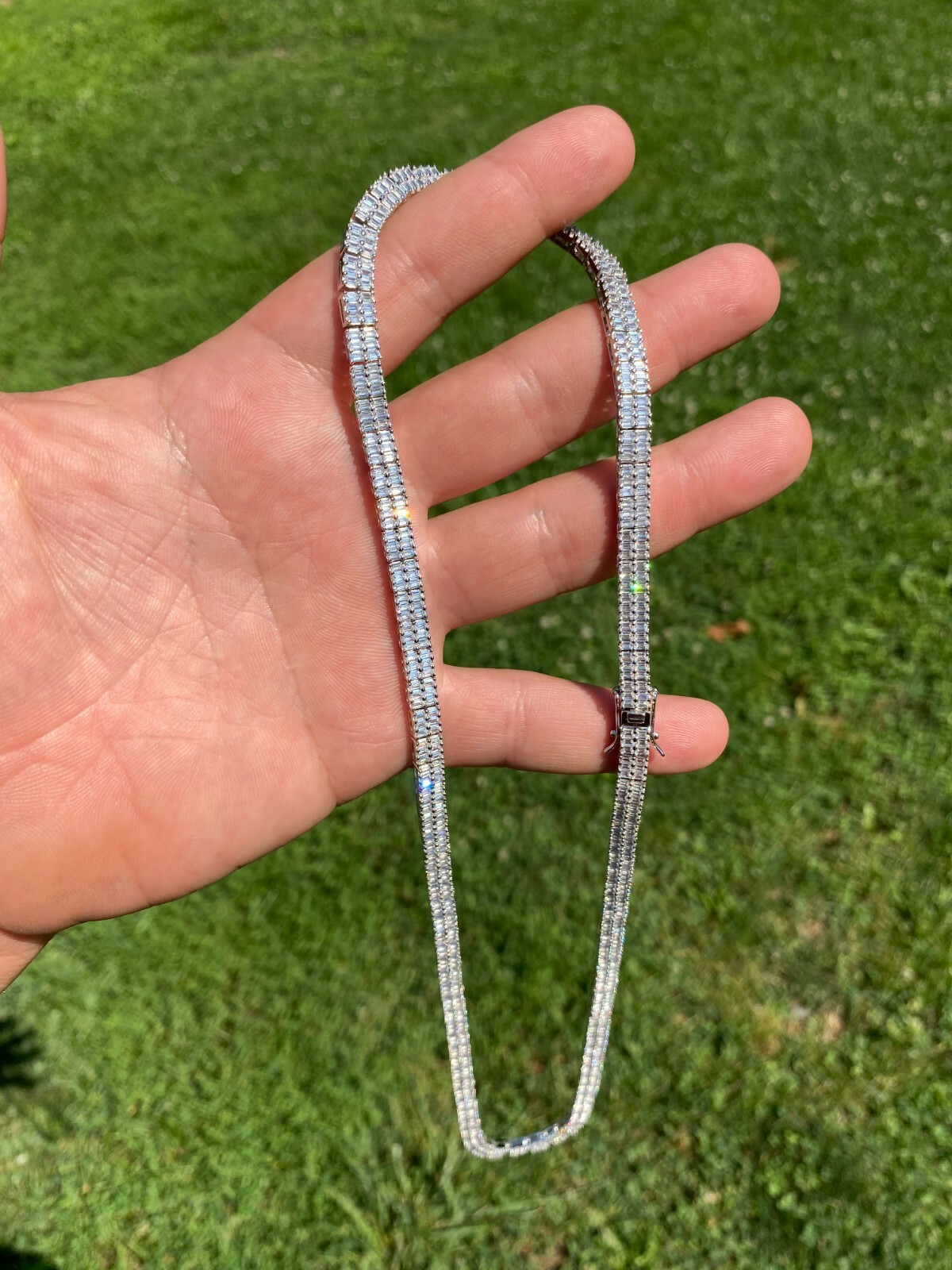SOLID 925 Sterling Silver Baguette Tennis Chain ICED CZ Necklace 5mm Hip Hop
