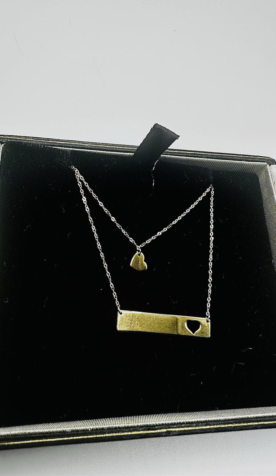 14K Gold Double Layer Bar Necklace Heart Cutout Heart Charm 20″ Fine Jewelry