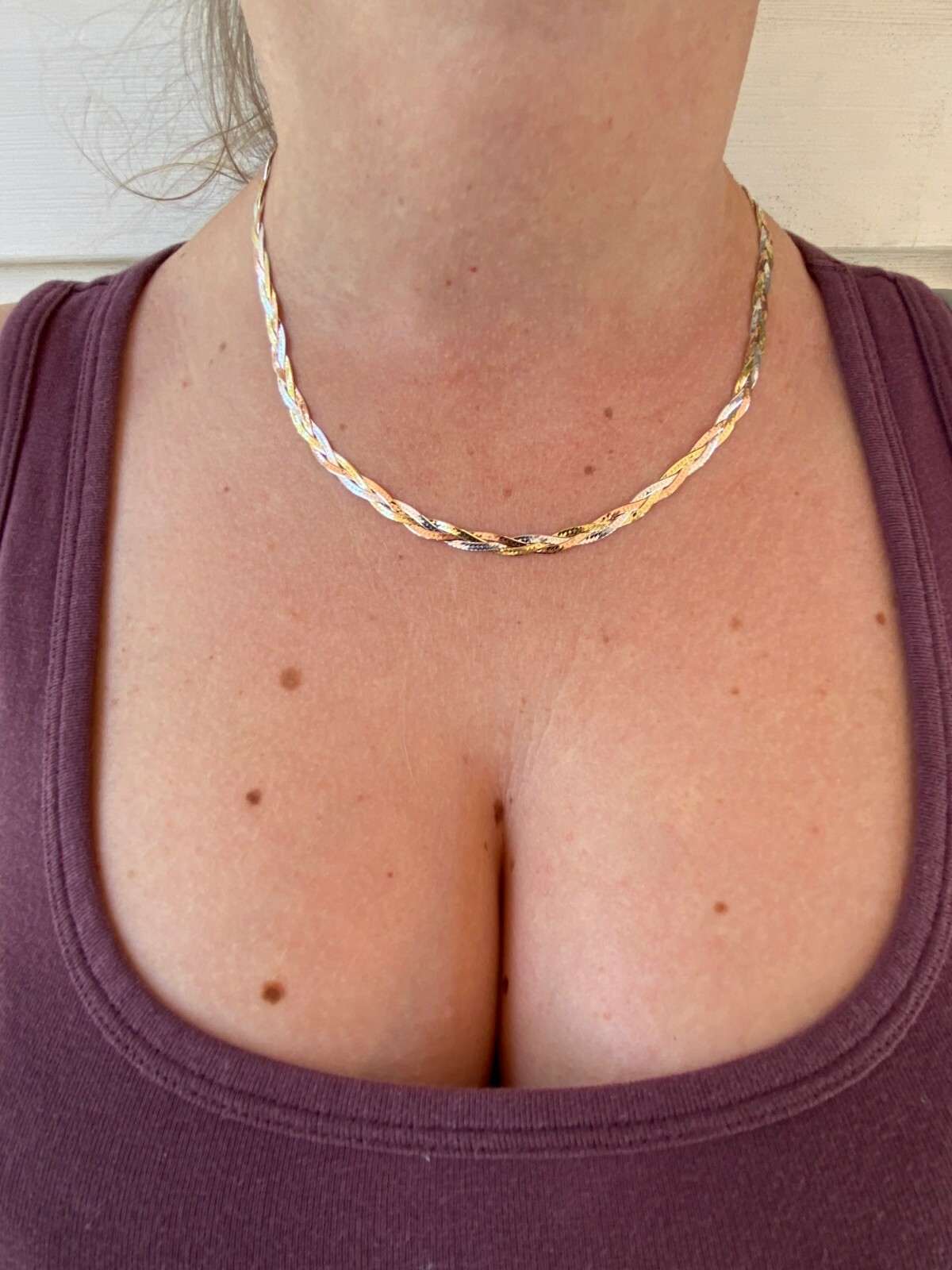 925 Silver Tri-Color Yellow Rose Gold Plated Twisted Braided Herringbone Chain