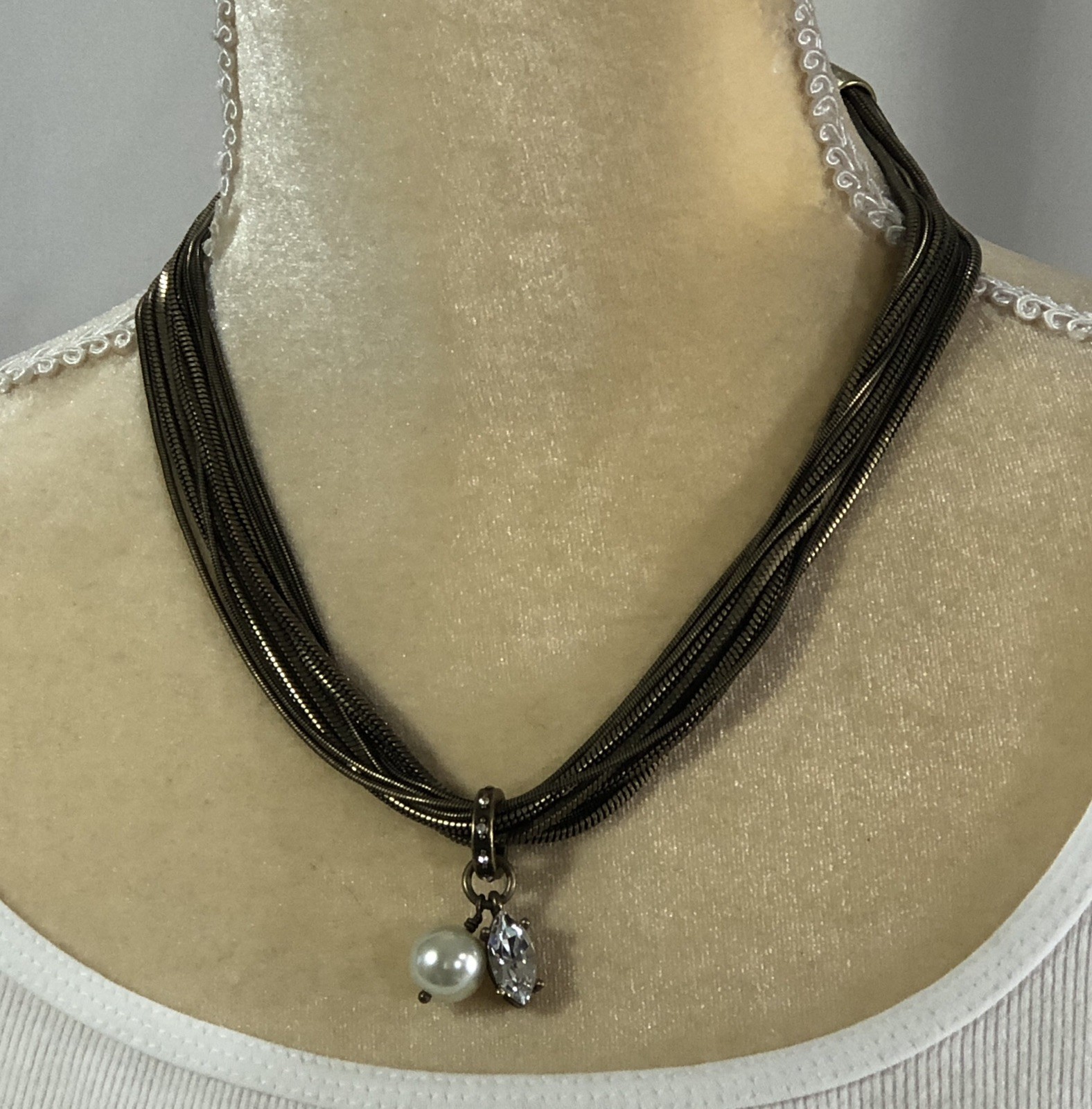 Silpada KR Necklace Dreamy Details Brass Swarovski Crystal Faux Pearl 17 inches