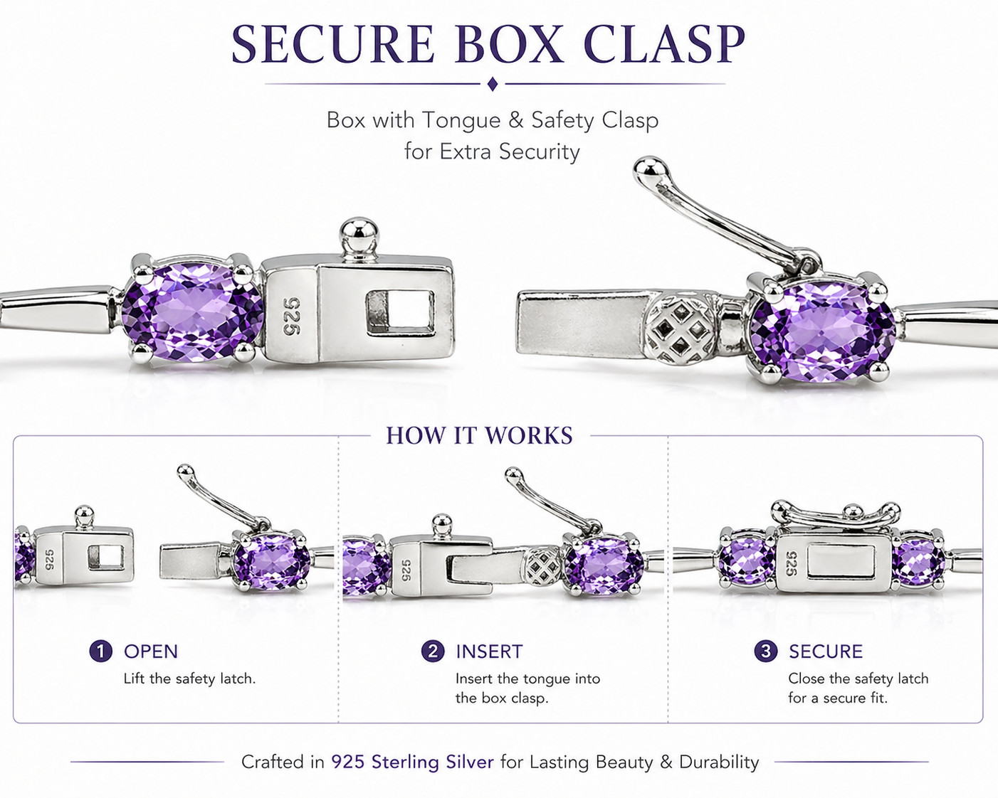 925 Sterling Silver Amethyst Tennis Bracelet 6x4mm Oval 7.25″ Gemstone Purple