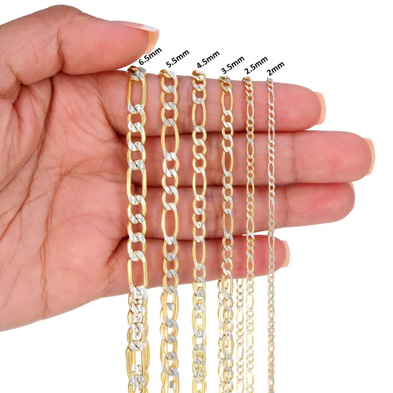 Real 14K Yellow Gold Diamond Cut Figaro Chain Necklace for Men & Women