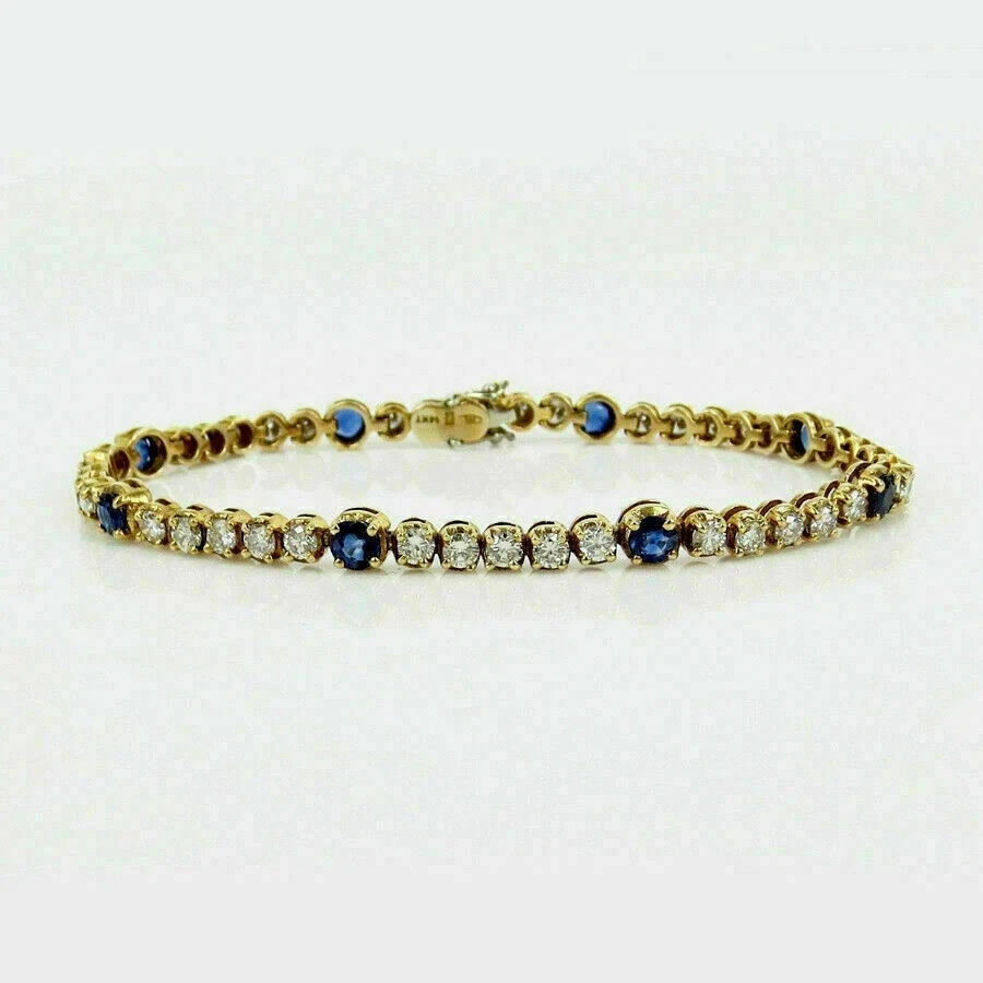 5.00 Ct Round Cut Natural Blue Sapphire Tennis Bracelet 14K Solid Yellow Gold