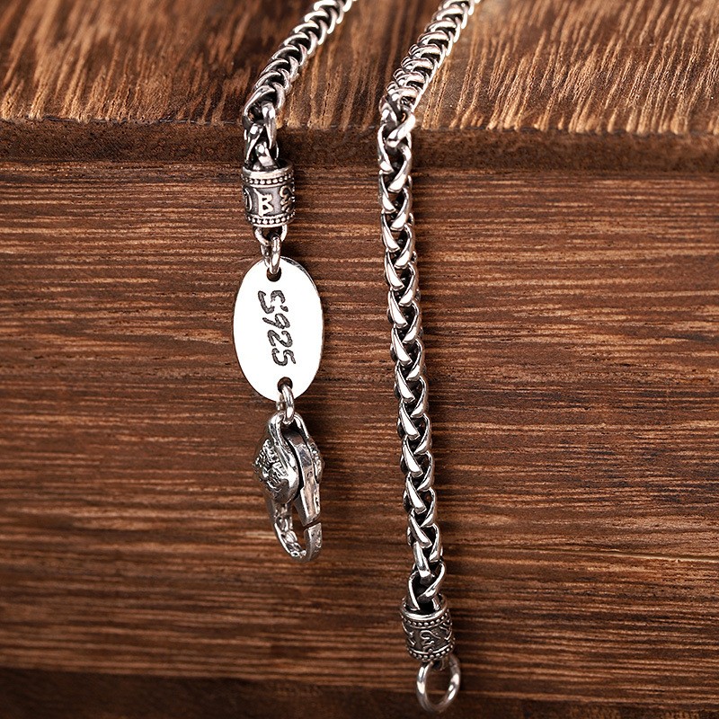 Men’s Thai Sterling Silver Spiga/Wheat Chain, 925, Reversible Lotus Tag Necklace
