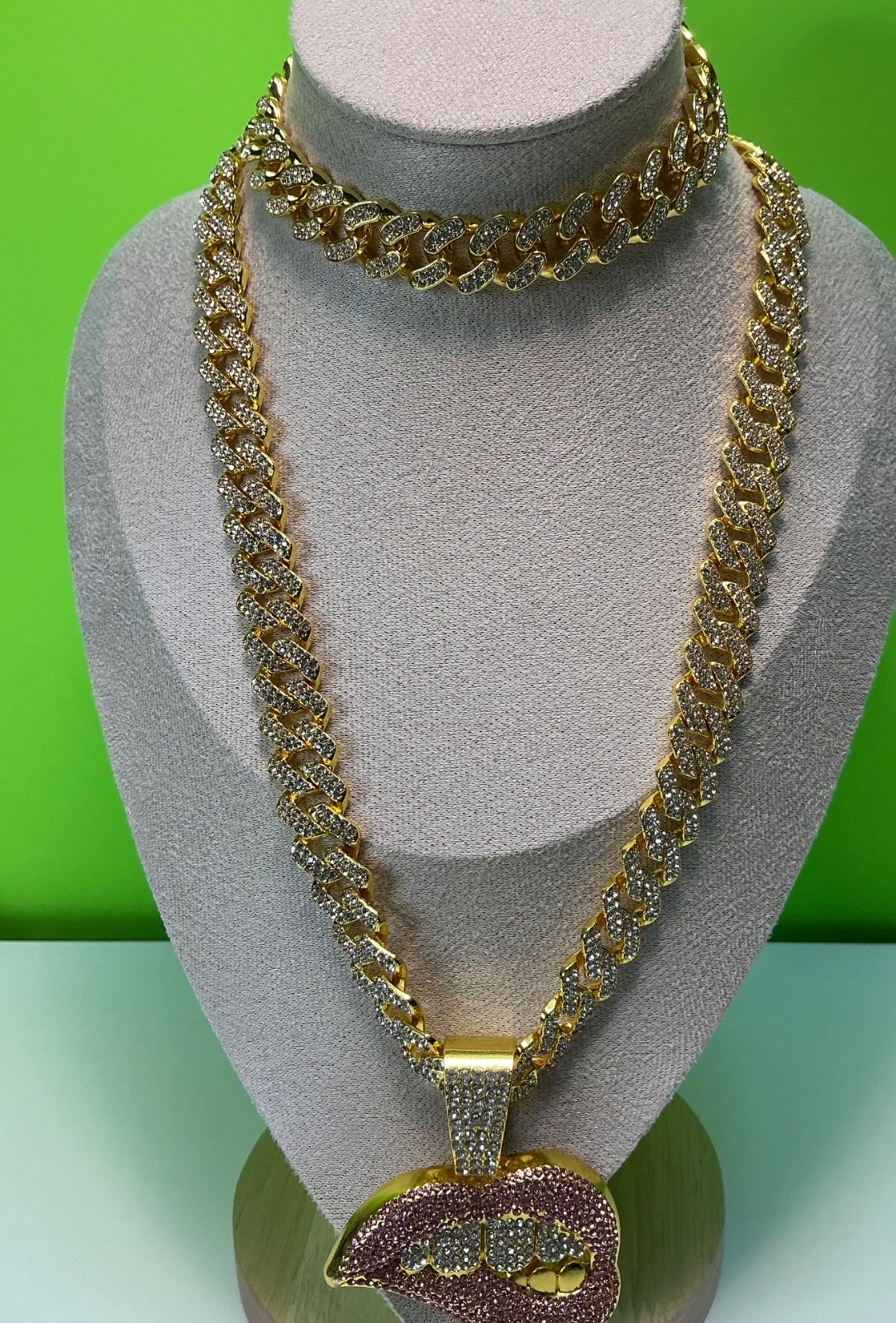 Biting Lip Pendant Necklace Bracelet Lot Hip Hop Iced 20” Inches CZ Chain Cuban