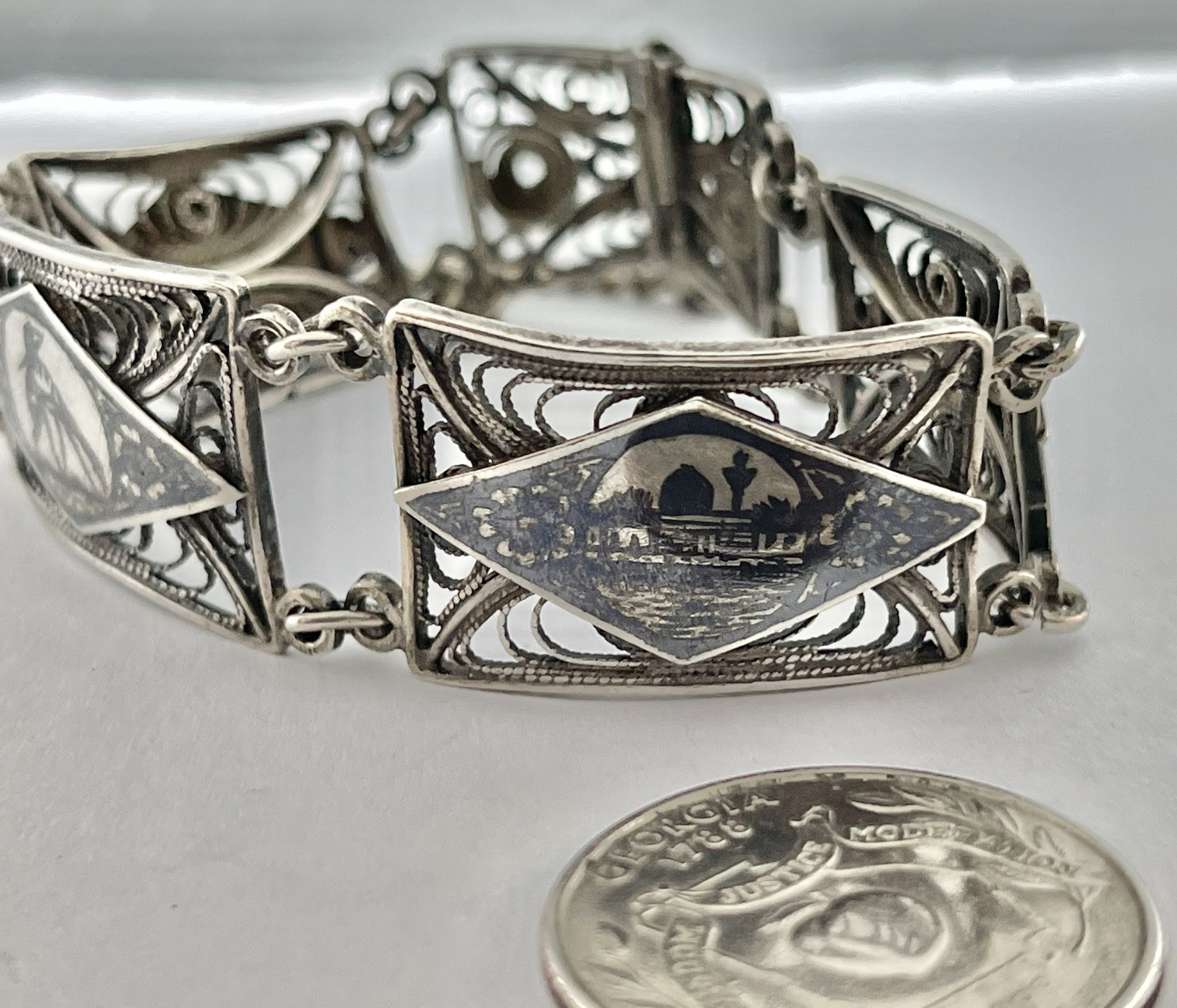 Antique Vintage Sterling Filigree 4 Picture Panel Bracelet 6 1/2” AS IS