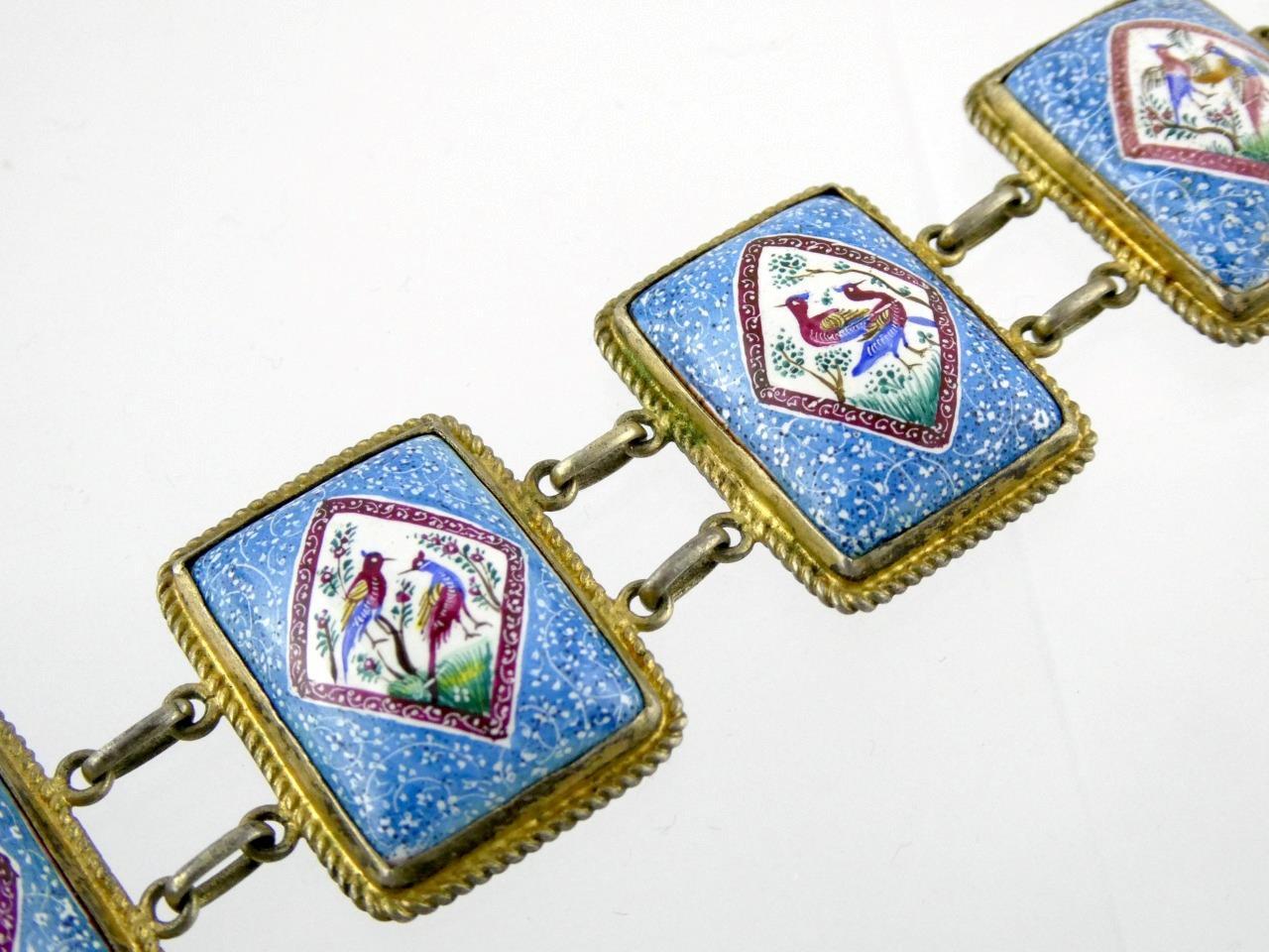 Vintage Sterling Silver Enameled Porcelain Panel Bracelet Bird Designs 6 7/8 In
