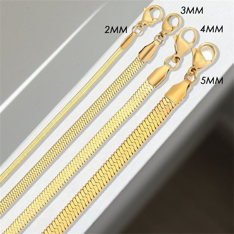 3/4/5mm Woman 14K Gold Plated Herringbone Flat Snake Chain Bracelet Bangle 7-9”
