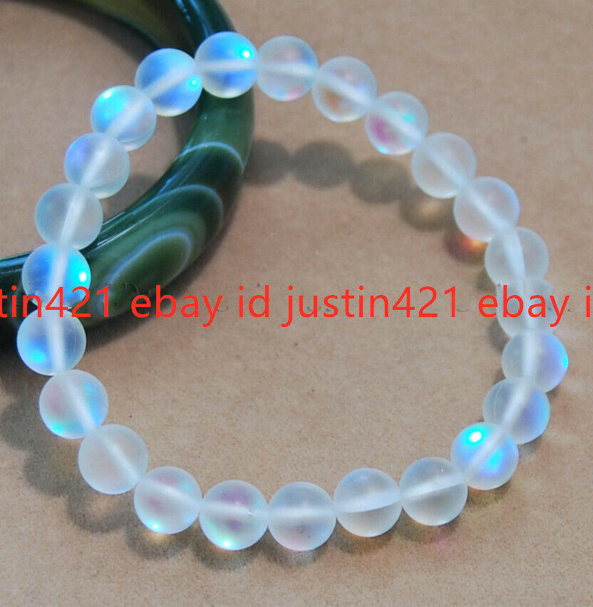 Natural 6/8/10/12mm White Gleamy Rainbow Moonstone Gemstone Bracelet 7.5” AAA+