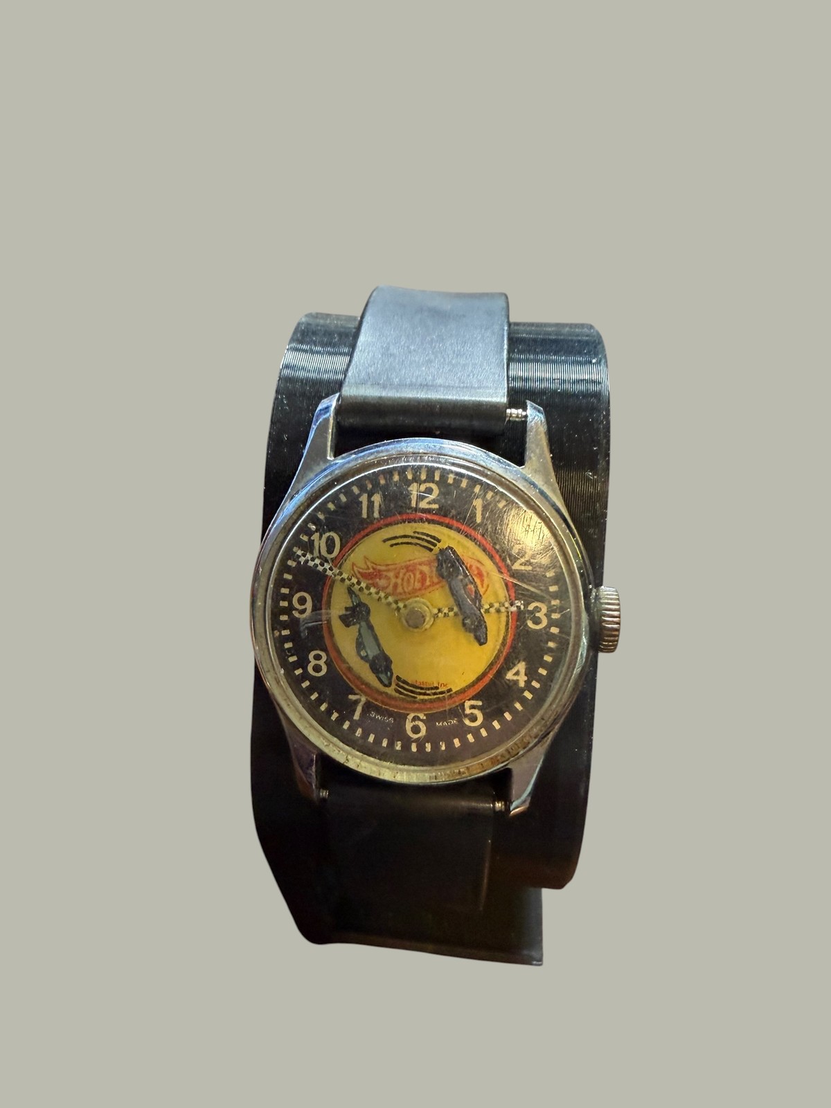 Vintage Hot Wheels Swiss Made Manual Wind Youth Wristwatch Black Rubber Band