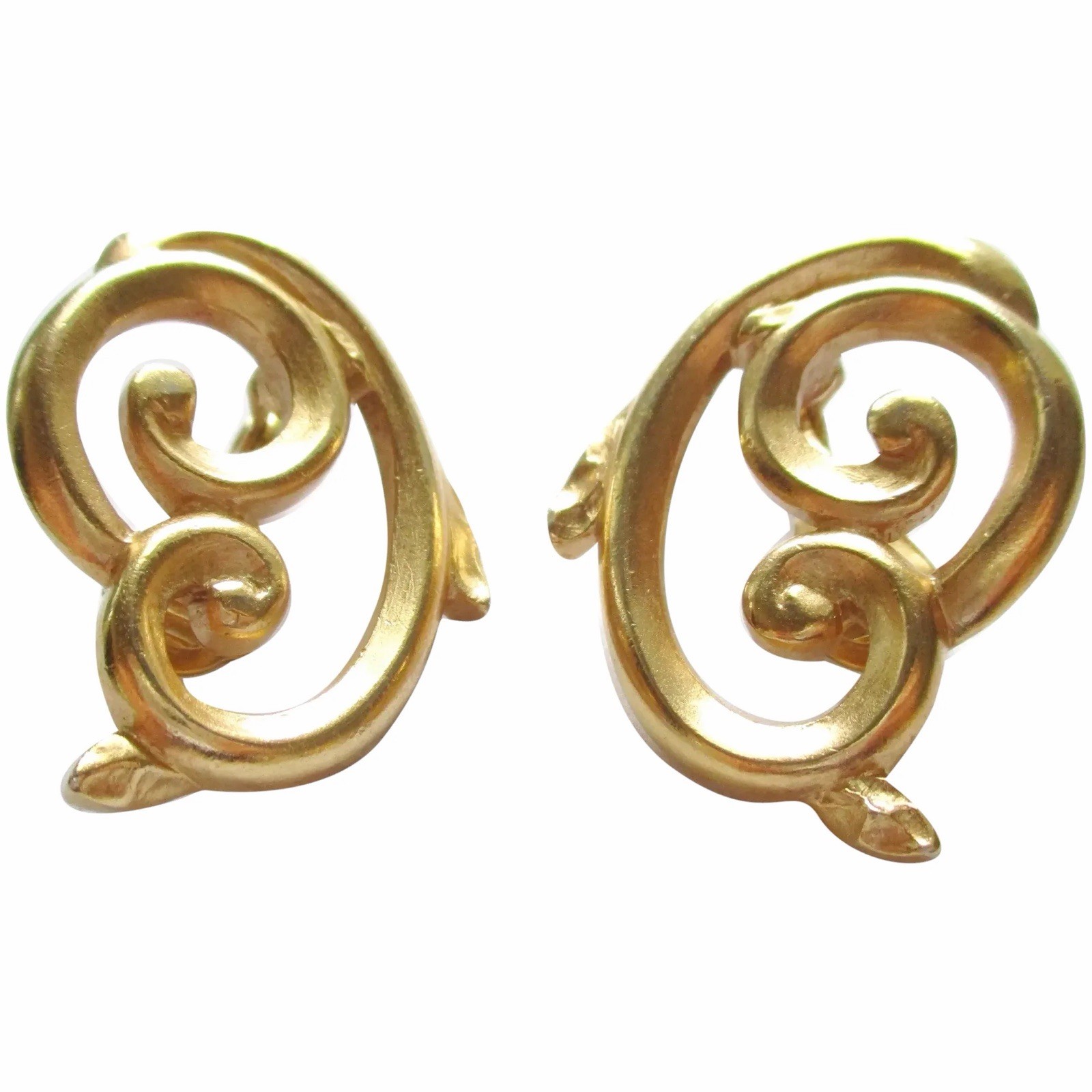 VINTAGE YSL YVES ST LAURENT COUTURE CLIP EARRINGS SCROLL GOLD SATIN TONE