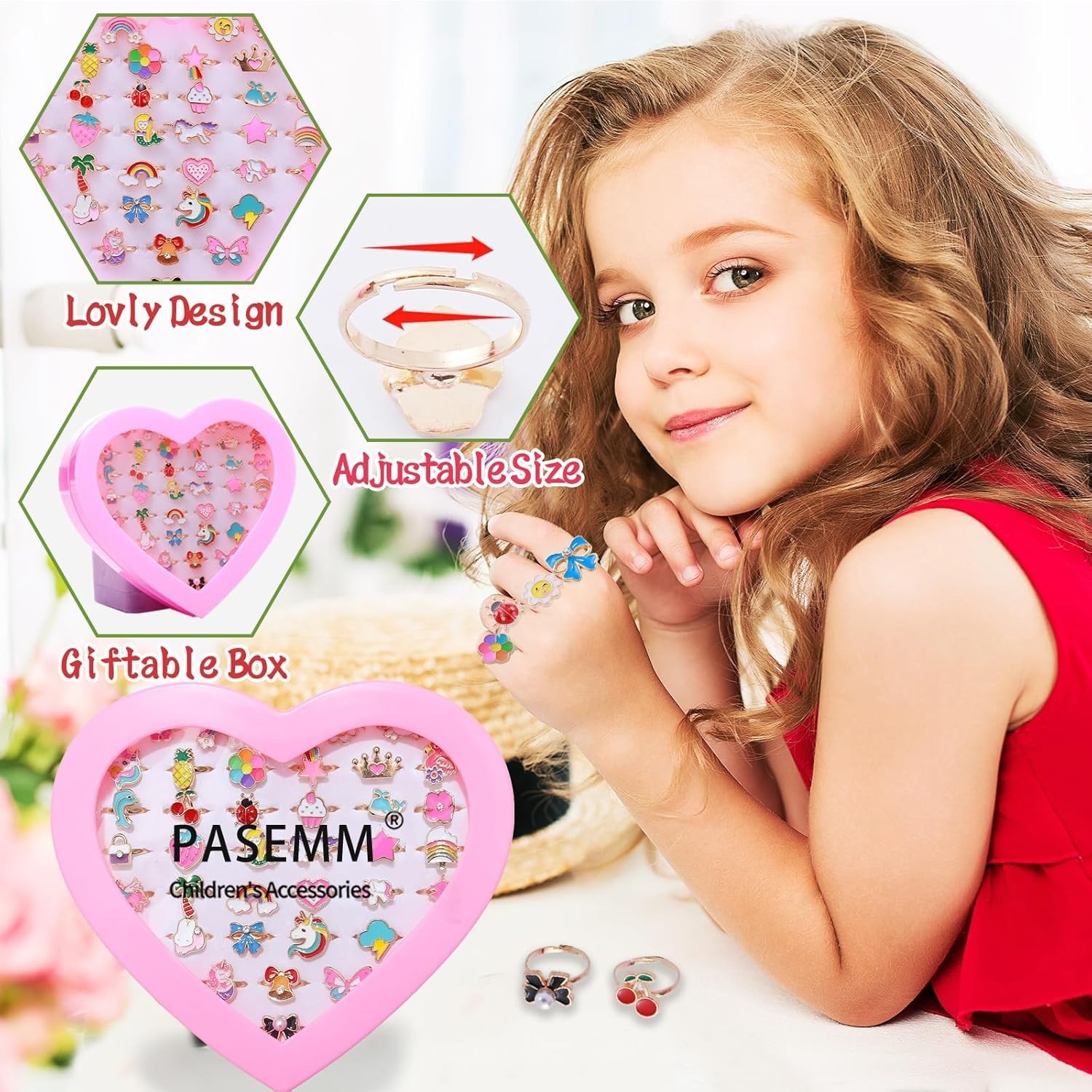 36Pcs Little Girl Adjustable Gem Rings Set Kids Dress Up Jewelry Birthday Gifts