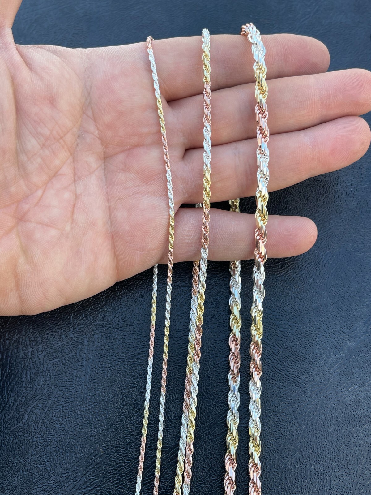 Solid 925 Silver & Yellow Rose Gold Plated Tri Color Rope Chain Necklace 2-5mm
