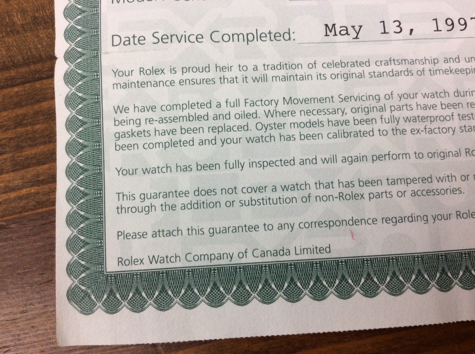 Rolex Full One Year Service Guarantee 1997 Accessories for Collectors