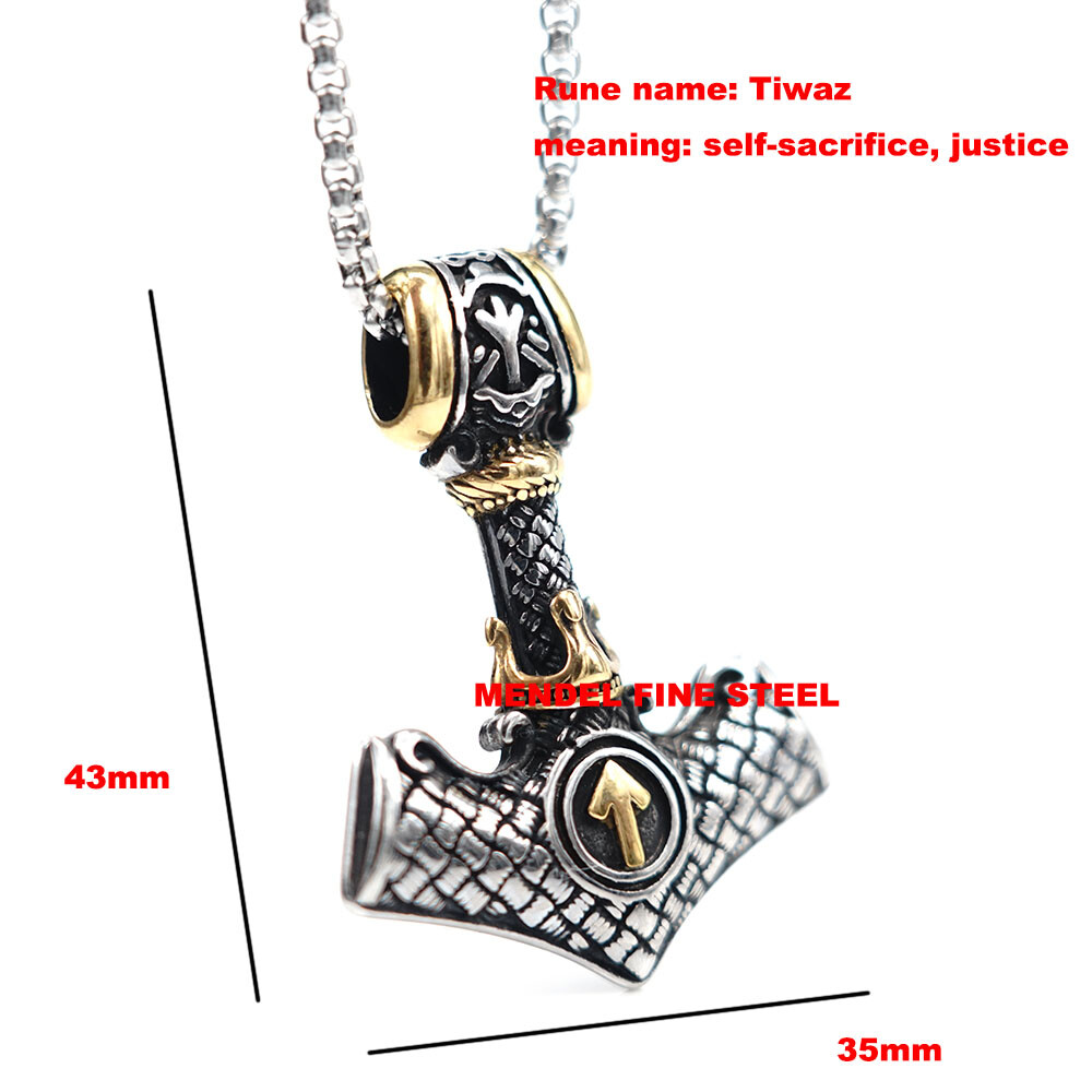 MENDEL Mens Gold Plated Viking Thors Hammer Valknut Mjolnir Pendant Necklace Men
