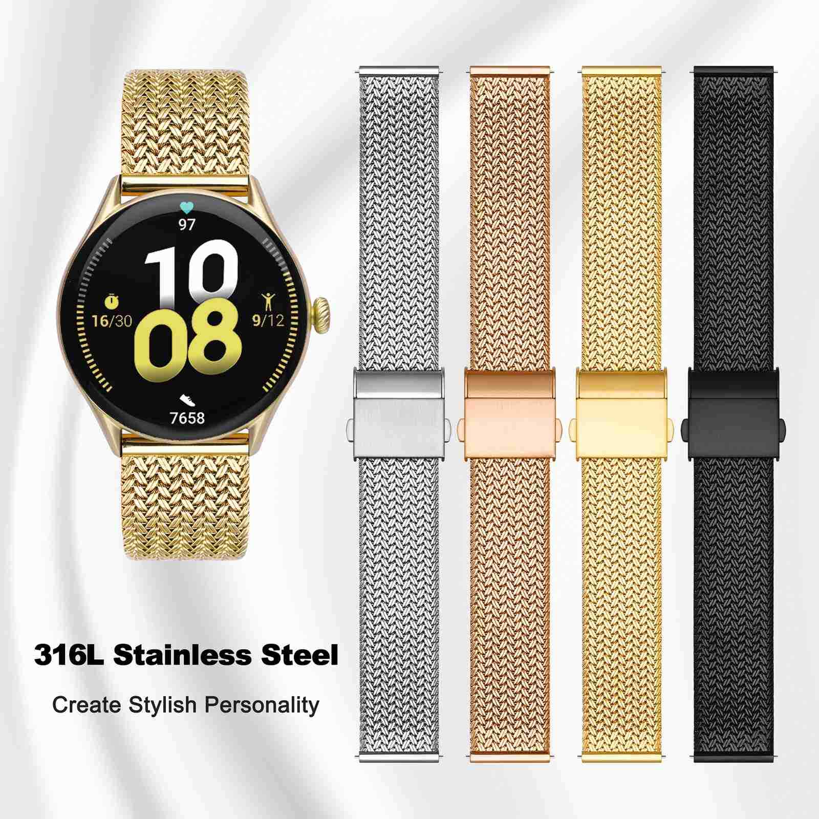 WOCCI Metal Woven Mesh Watch Strap 14mm 16mm 18mm 20mm 22mm,316L Stainless Steel