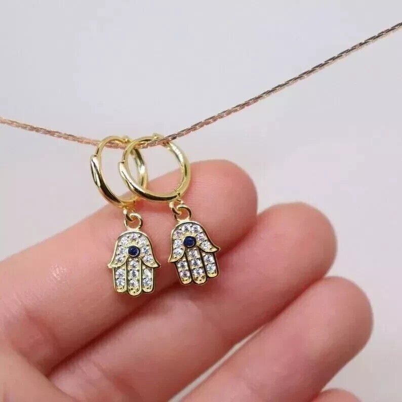 Drop Humsa Hand Earrings 14k Yellow Gold Plated 2Ct Round Cut Simulated Diamond