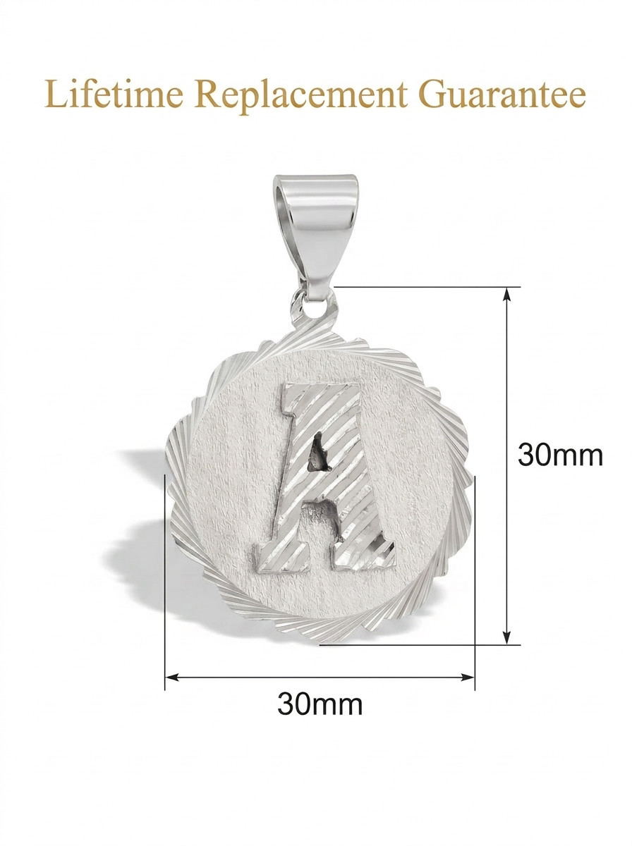 Silver Initial Necklace: 7mm Cuban Chain, 30mm Pendant, Lifetime Replacement