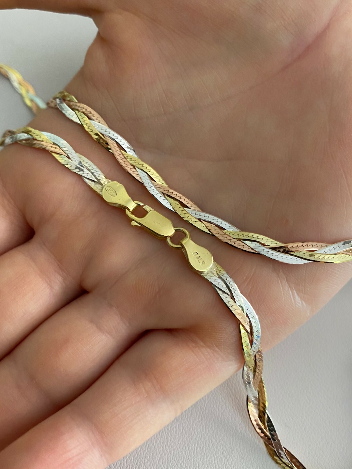 925 Silver Tri-Color Yellow Rose Gold Plated Twisted Braided Herringbone Chain