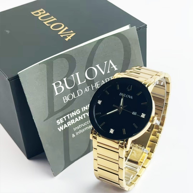 Bulova Futuro Modern 97D116 Black Diamond Dial Gold Band Quartz Men’s Watch 42MM