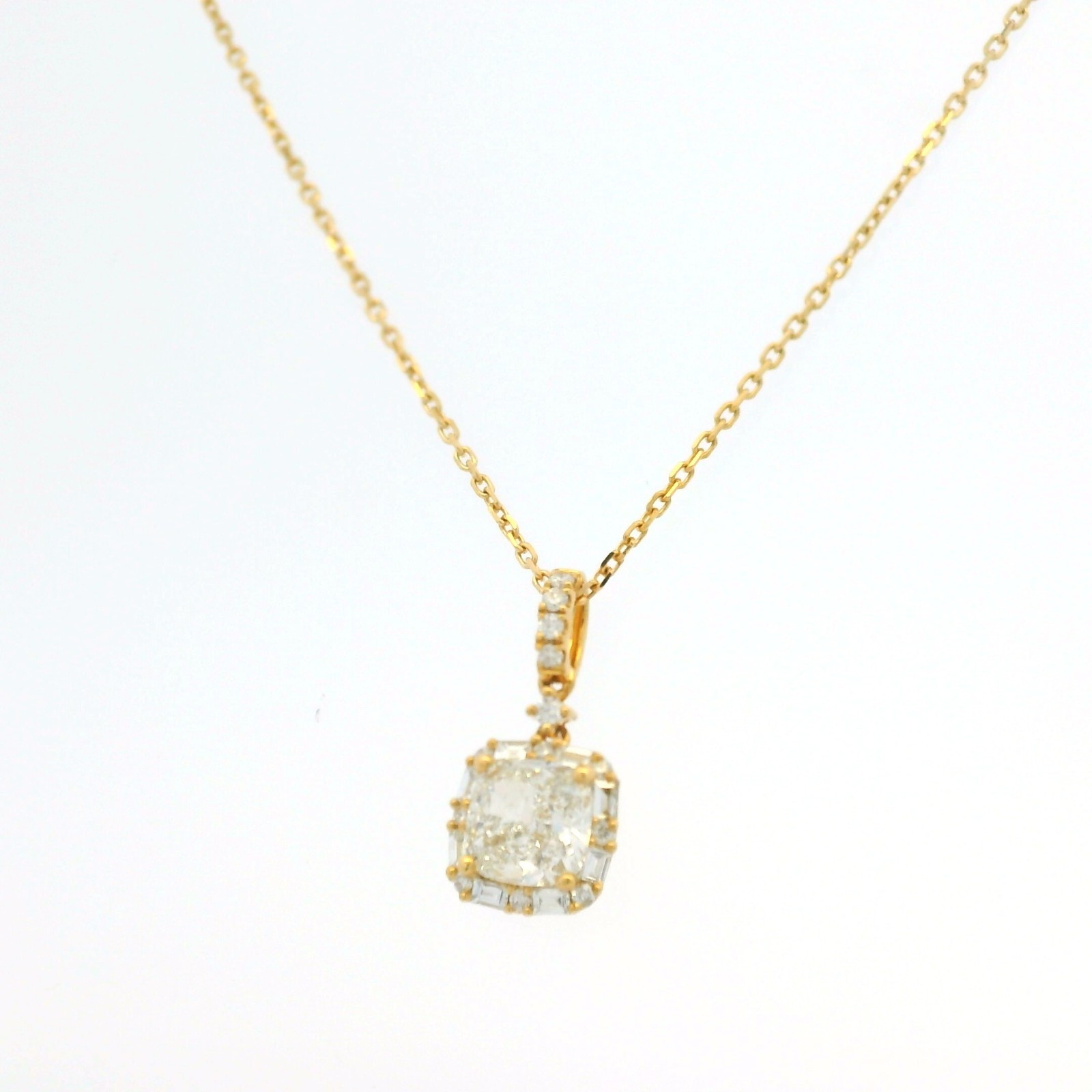 GIA 18K Yellow Gold 1.00 Carat Cushion Cut Diamond Halo Pendant Necklace