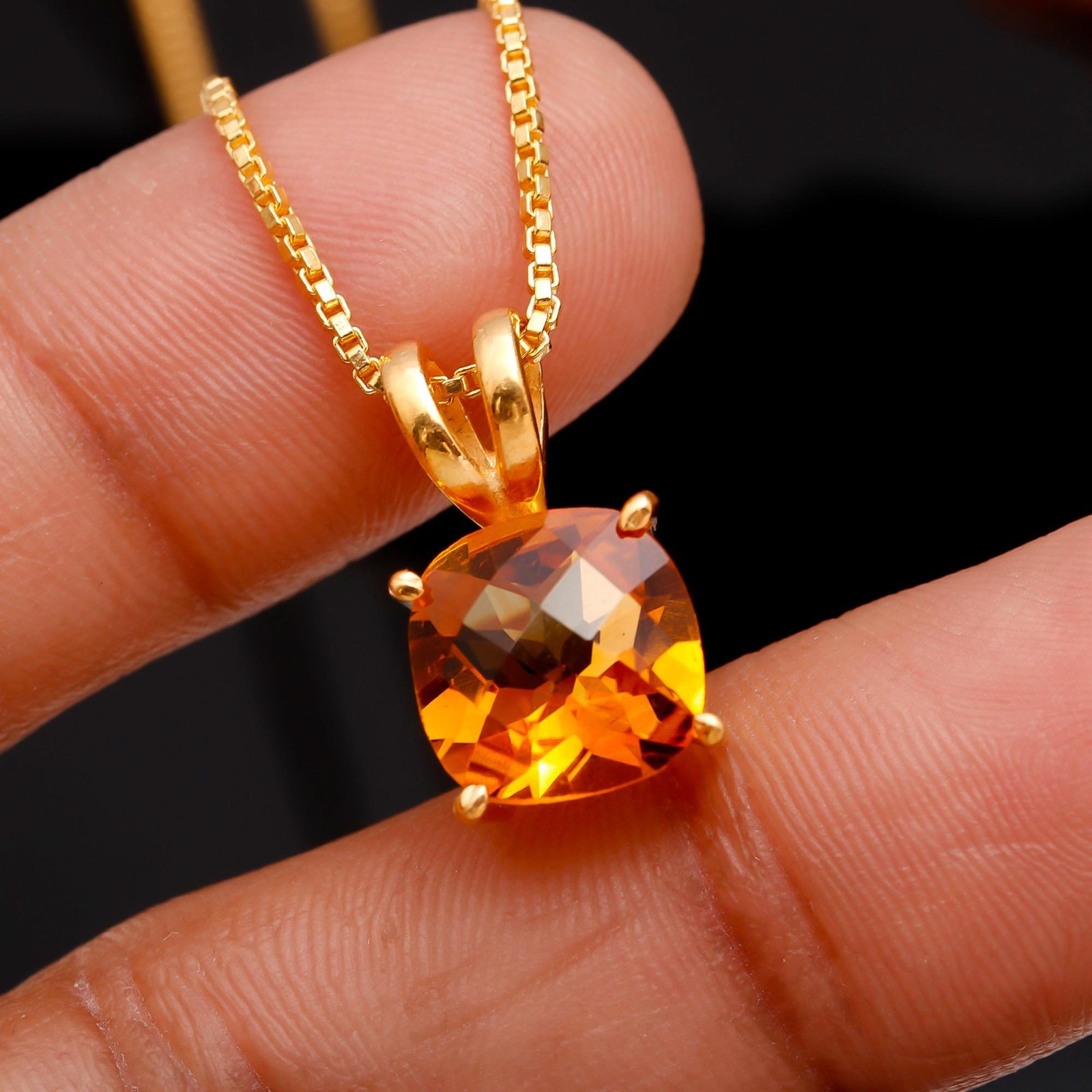 Natural Citrine Quartz Cushion Necklace Gold Fill 925 Sterling Silver Jewelry