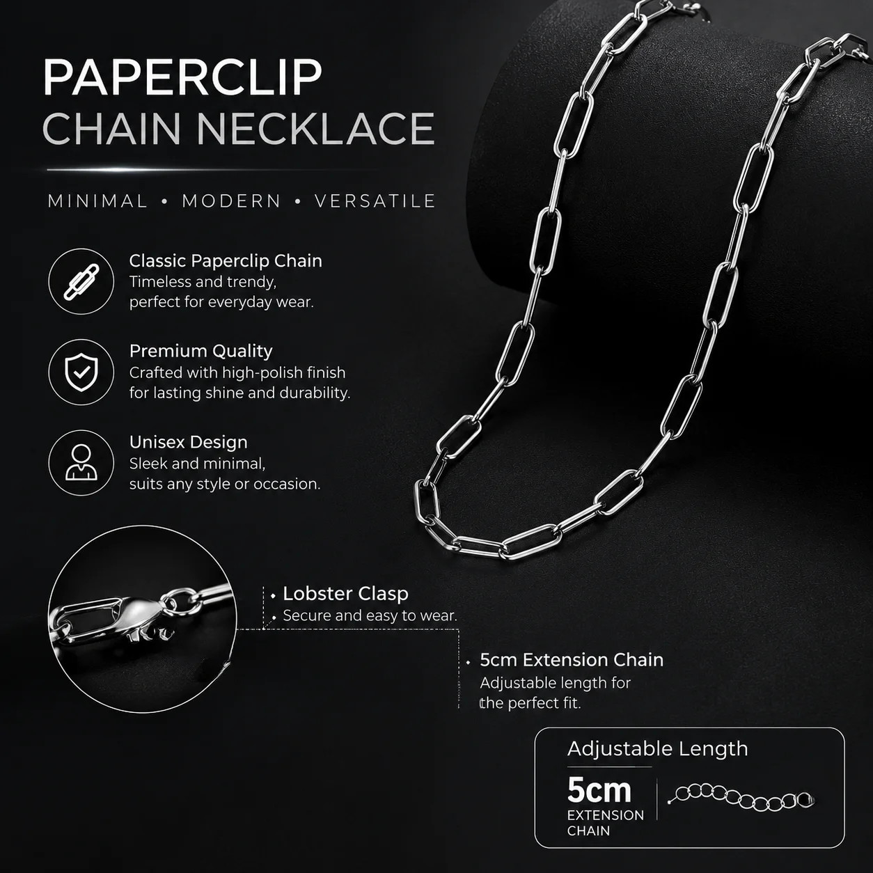 Anti-Fade Waterproof Titanium Steel Flat Paperclip Link Choker, Hip Hop Polished
