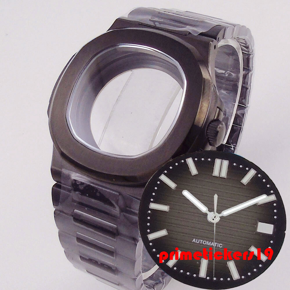 Black Pvd Square Watch Case Bracelet Dial Hands Set Sapphire Fit NH34 NH35 NH36